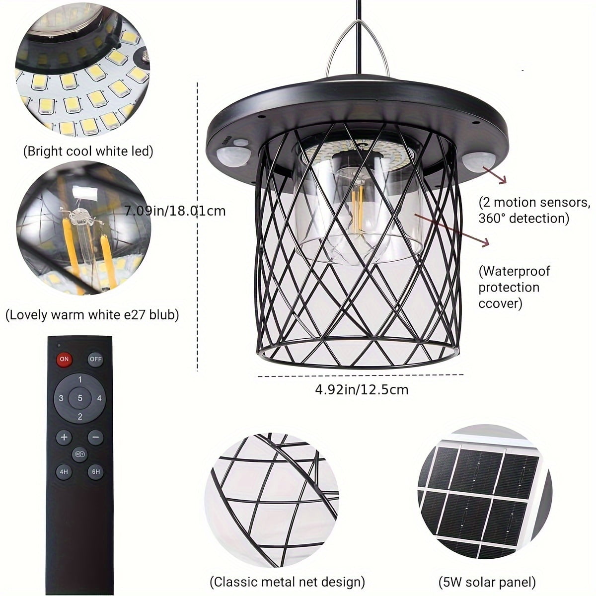 Solar Chandelier Outdoor Chandelier 5W Charging 4400mAh Battery 8-20 Hours Runtime 5 Modes Remote Control Waterproof Heat Cold Resistant Indoor Outdoor Use