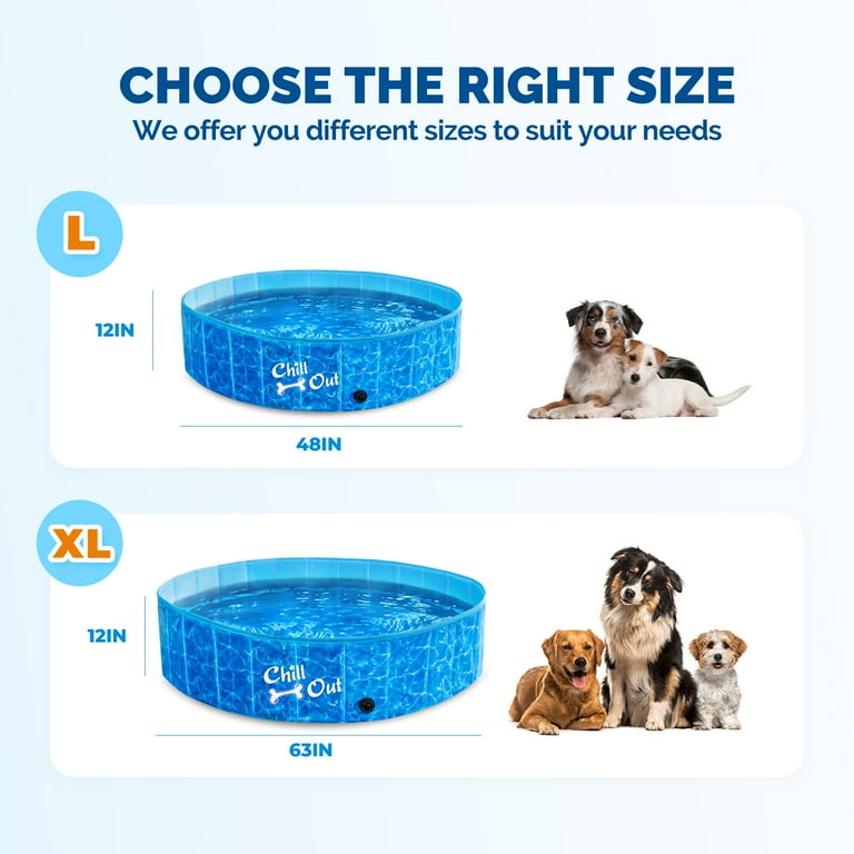 All For Paws Chill-Out 63” Foldable Dog Swimming Pool with Water Drainage  Hole, Collapsible Outdoor Wading Pool for Dogs & Kids, Outdoor Pet Bath Tub