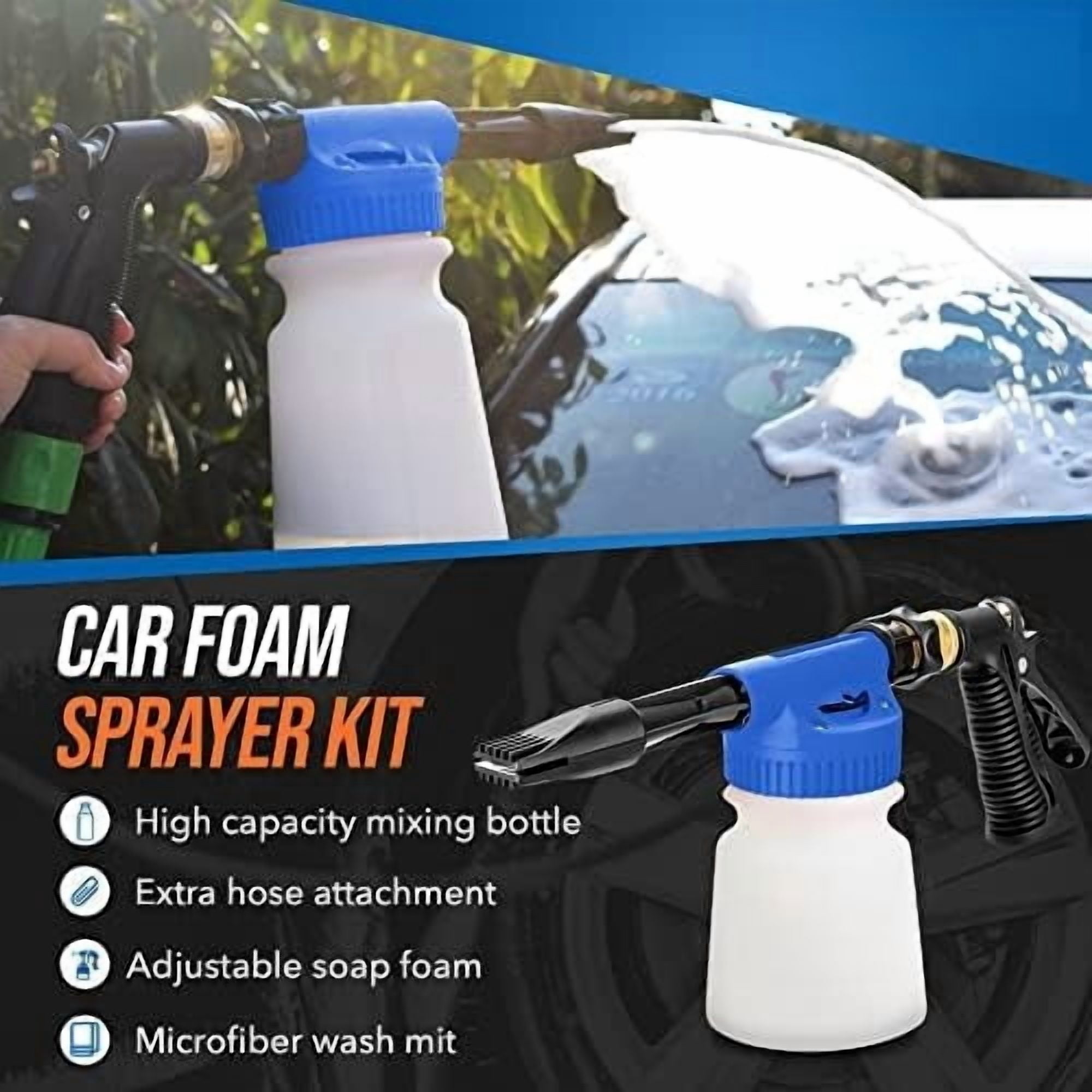 Car Wash Foam Gun + Microfiber Wash Mitt - Foam Cannon Works with Any Soap - Garden Hose Car Foam Sprayer - Car Wash Kit - Car Accessories Foam Blaster (Blue Foam Gun with Mitt)
