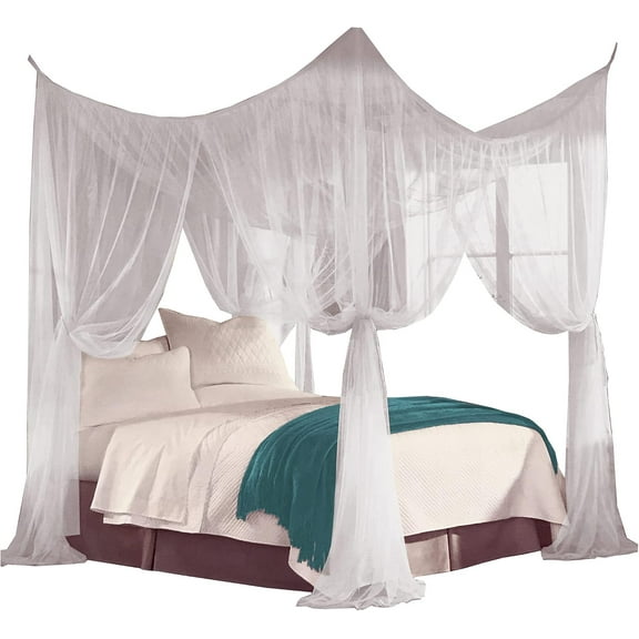 Just Relax Four Corner Post Decorative Elegant Bed Net Canopy Set, White, Full/Queen/King, 86.6x78.7x98.4 Inches