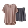 thumbnail image 2 of Akafmk Women's V Neck Pajama Set Short Sleeve T-Shirt with Wide Leg Shorts Loungewear Set, 2-Piece, Sizes XXXXL, 2 of 5