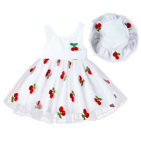 XAOFW Girl's Summer Dresses Sleeveless Crewneck Cherry Embroidery Kids Casual Dress With Matching Hat Party Night Soft Breathable Newborn Sundress