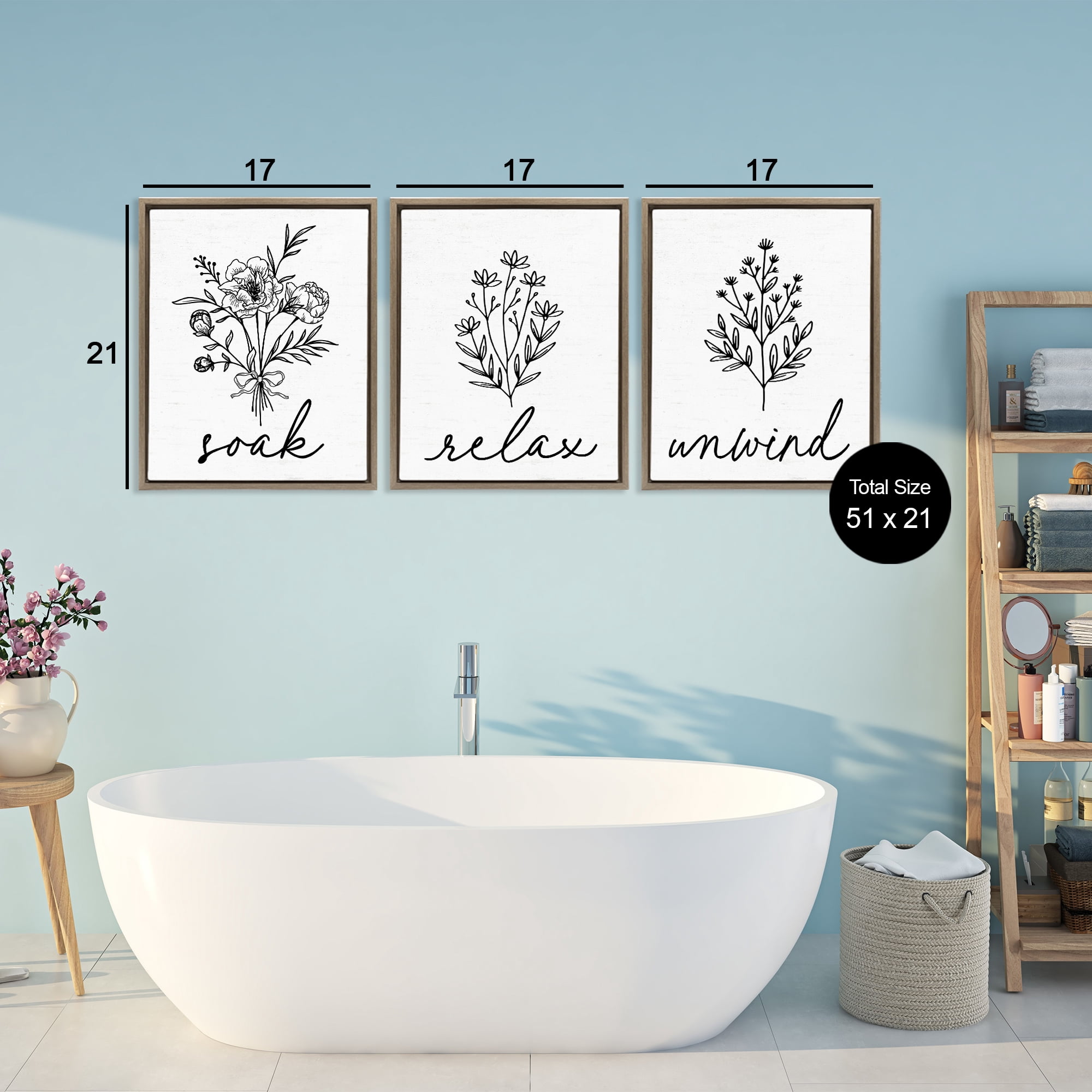 Bathroom Herbs for Relaxation 3 Piece Brown Framed Floater Canvas Set, design by Lettered and Lined