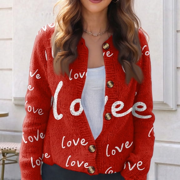 Women's Cardigan Valentine's Day Cute Love Heart Graphic Knit Lightweight Crewneck Button Sweater Valentines Day Sweater