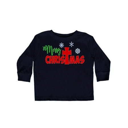 

Inktastic Merry Christmas with Cross and Snowflakes Gift Toddler Boy or Toddler Girl Long Sleeve T-Shirt