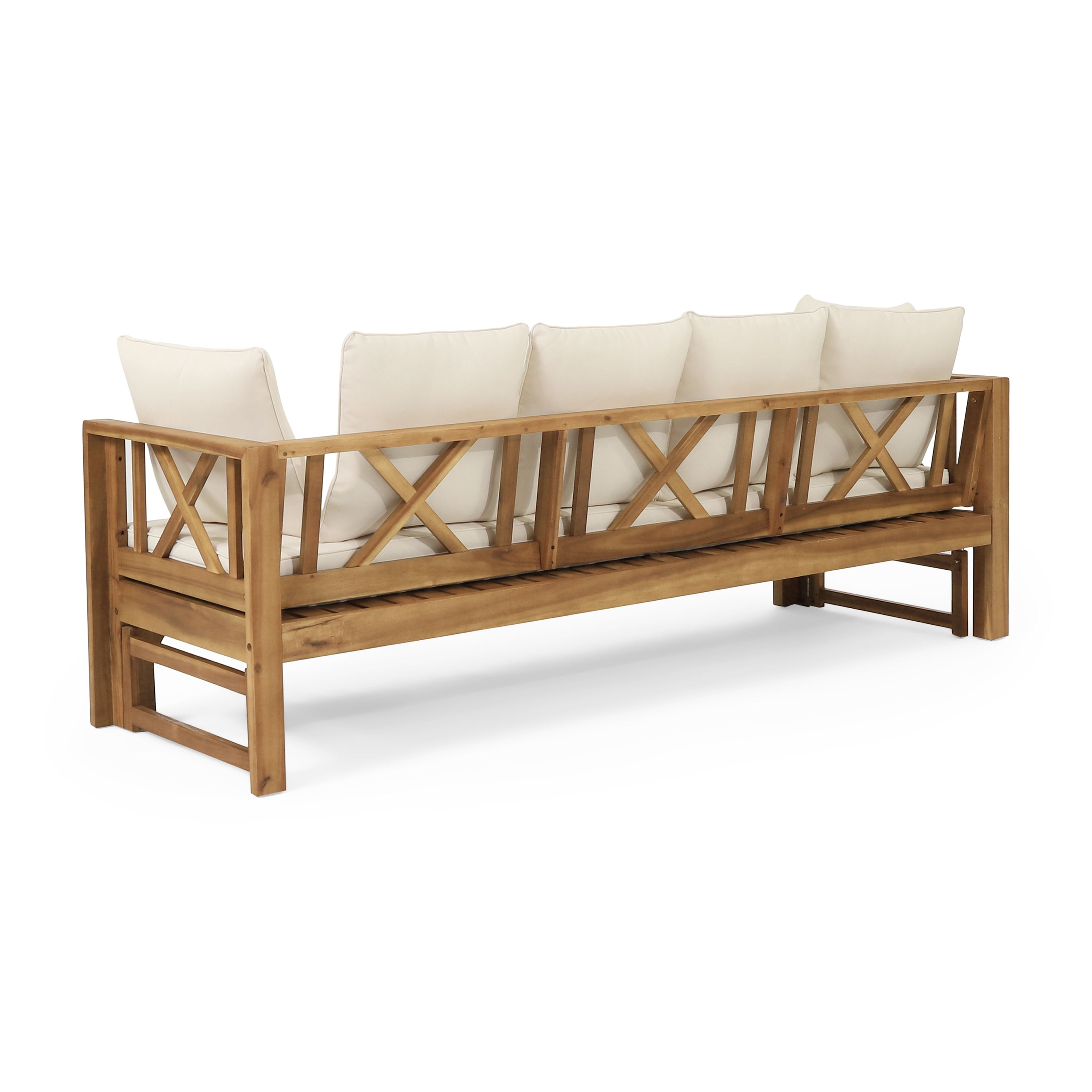 Outdoor 3 Seater Sofa Daybed, Extendable Acacia Wood Leisure Seat for Patio Garden Yard, Teak and Beige