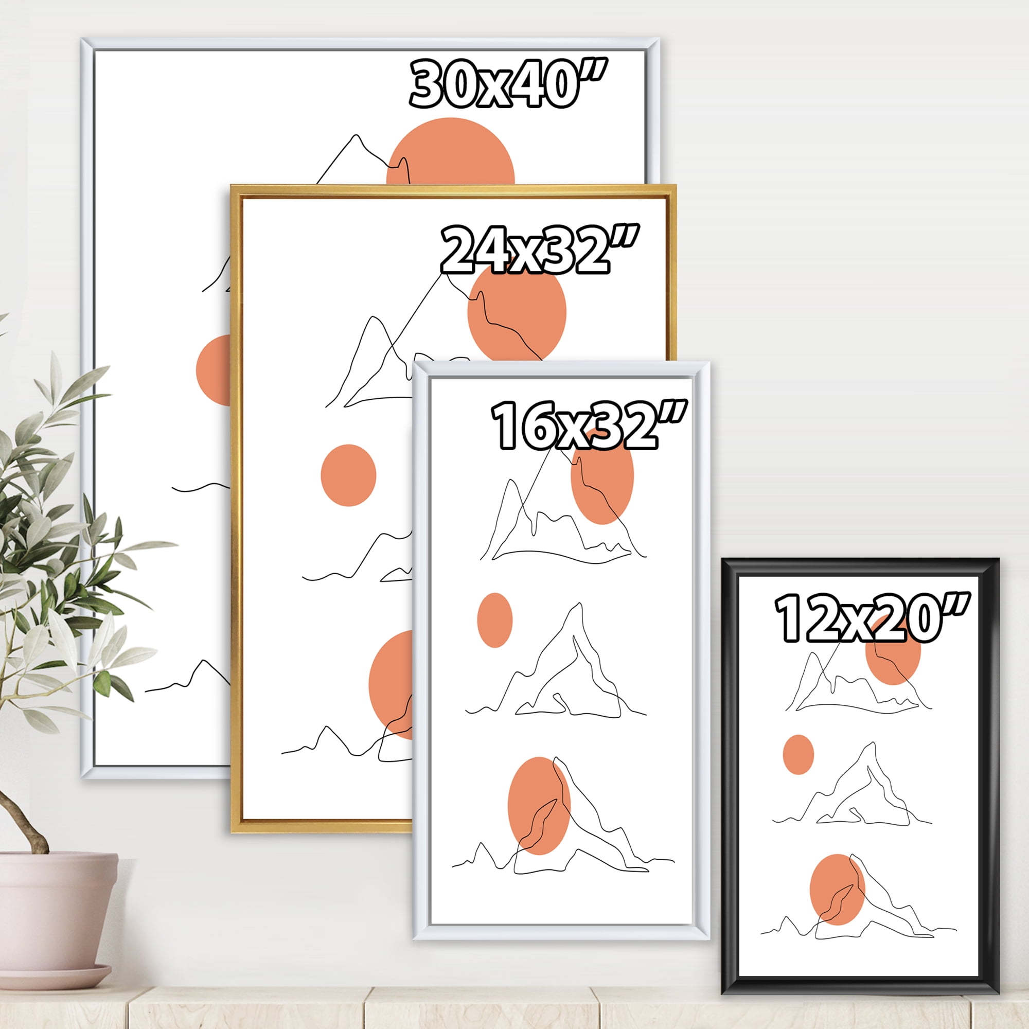Designart 'Abstract Red Moons With Mountain Range' Modern Framed Canvas Wall Art Print