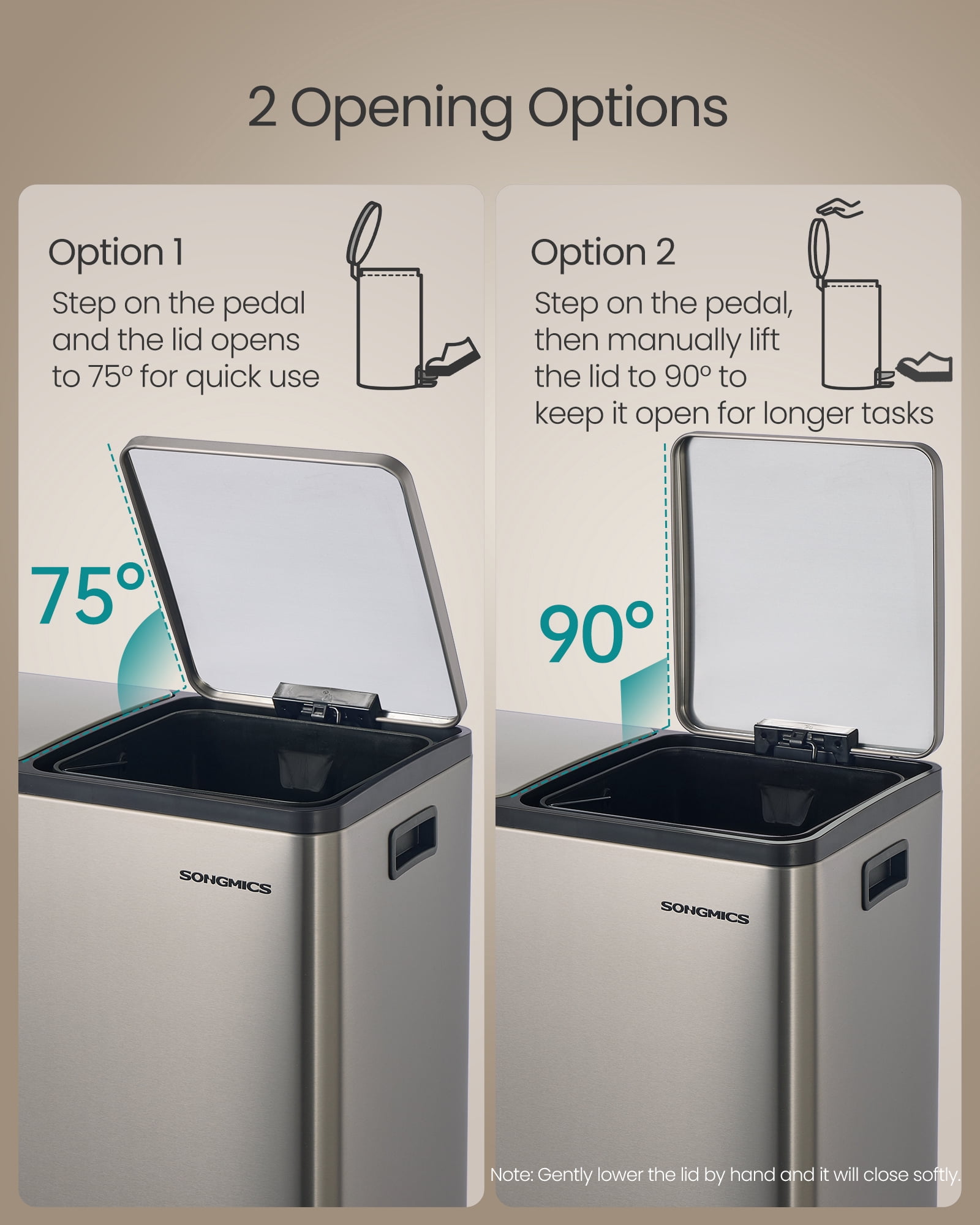 SONGMICS Trash Can, 2 x 8 Gallon (2 x 30 L) Double Compartment Garbage Can for Recycling, Stainless Steel, with 15 Liner Bags, Pedals, Silver
