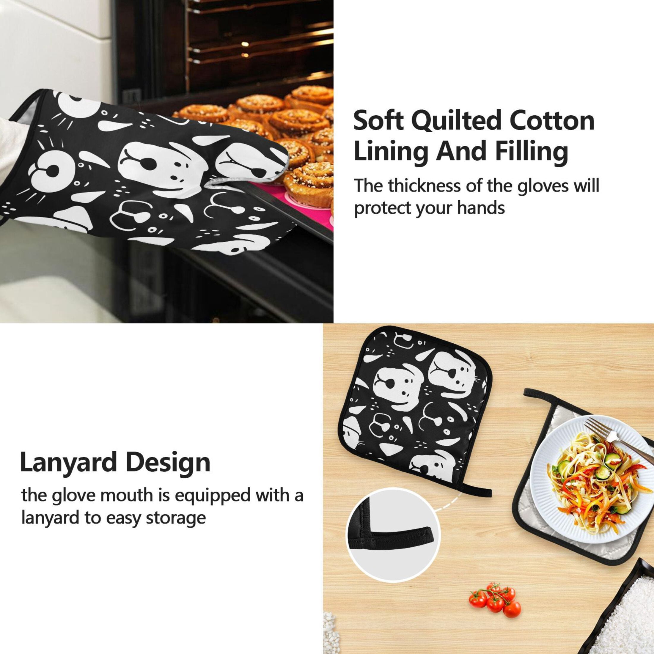 5 Pcs Kitchen Set Heat Resistant Oven Mitts and Non-Slip Pot Holders with Adjustable Cooking Apron Black White Dog Face