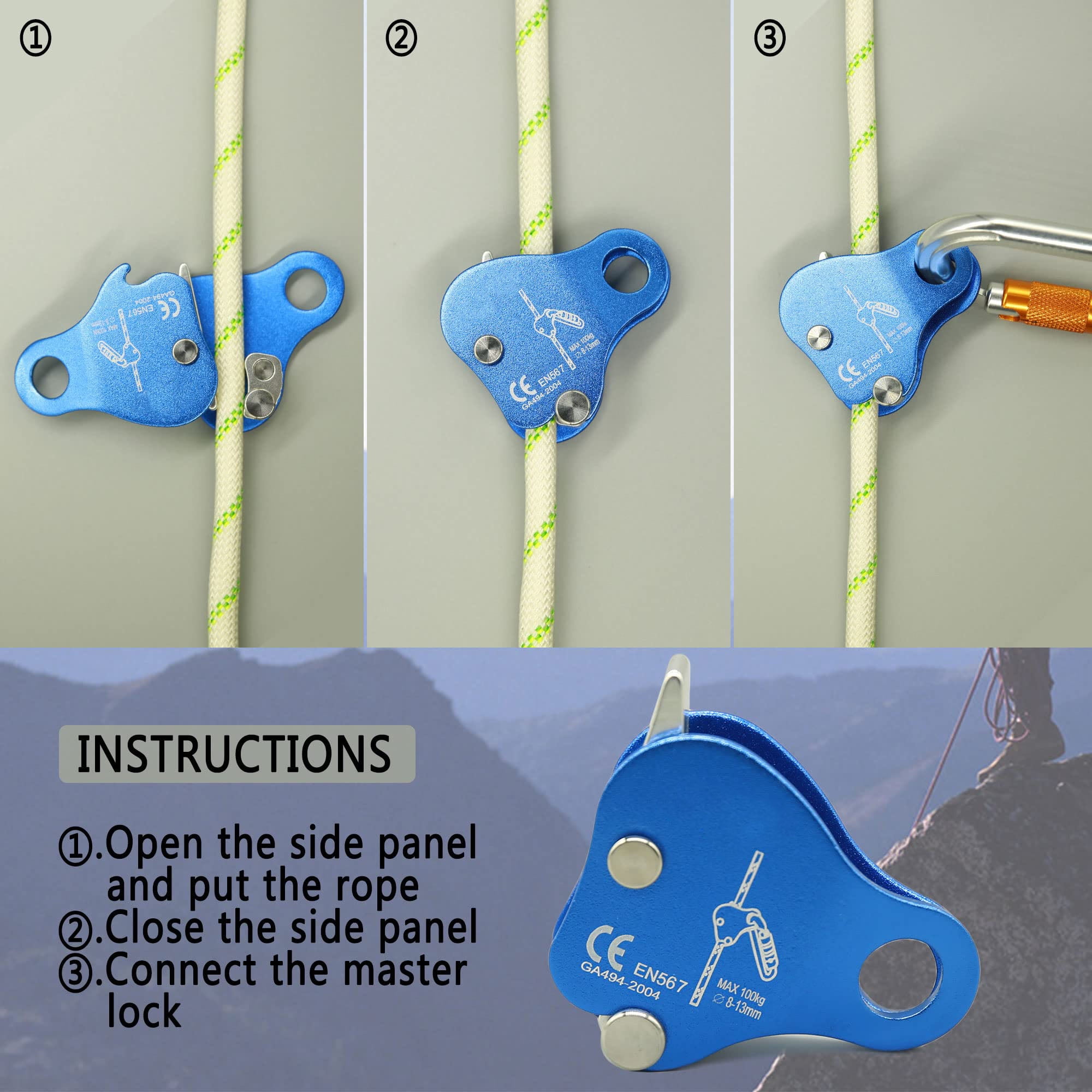 Climbing Fall Protection Belay Device Ascender Protect Aluminum Magnesium Alloy Climbing Ascent Rope Grip Clamp for Mountaineering Rock Climbing Downhill Operations and Rescue