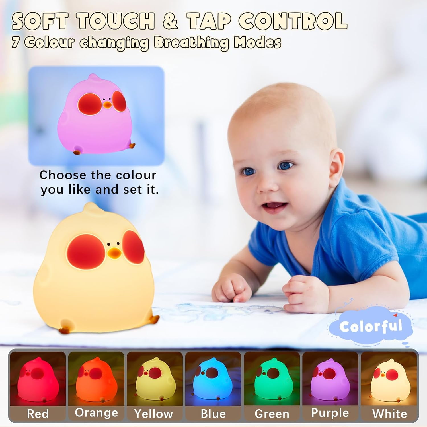 LINLIN Night Light Kids Cute Cooku Chick Night Lamp 7Colors Bedside Lamps Rechargeable Tap Control Baby Night Light with Timer Room Decor Gifts for Children, Toddlers, Teen Girls