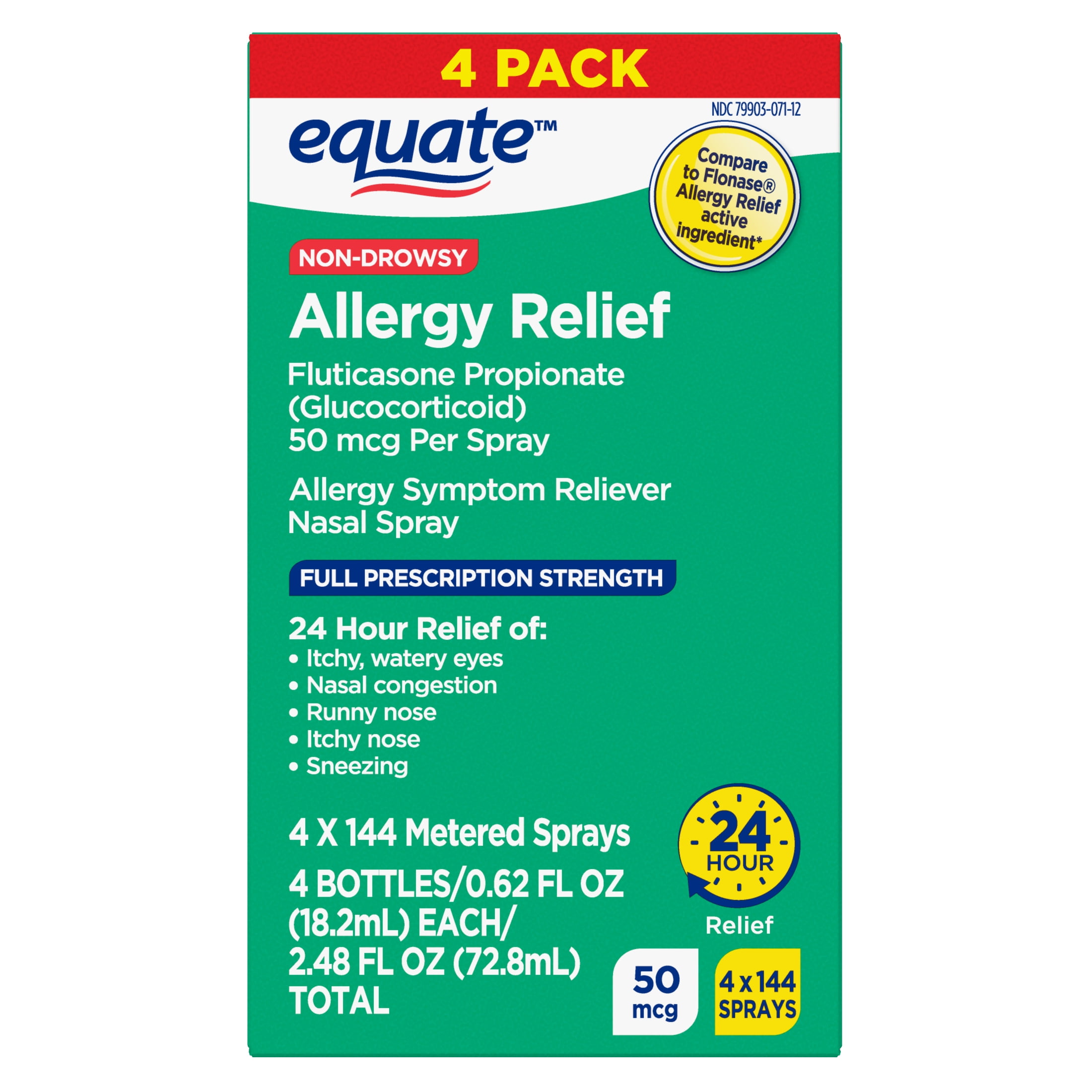 Equate Non-Drowsy Fluticasone Propionate Allergy Relief Nasal Spray, 50 mcg, 144 Metered Sprays, 4 Pack