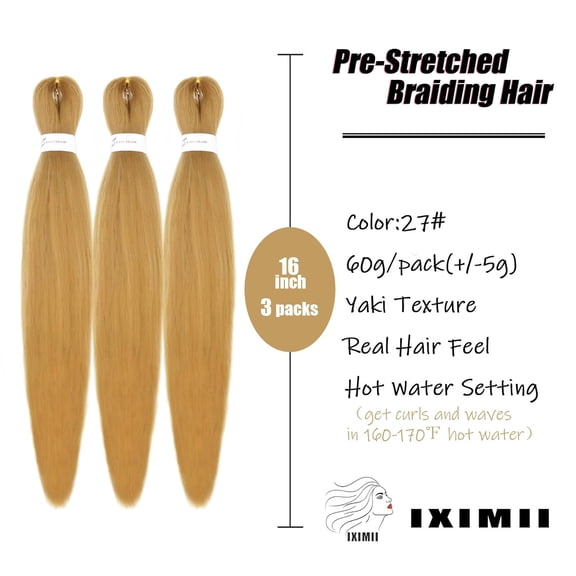 WEIF-#27 Braiding Hair Pre Stretched 16 inch 3 packs Prestretched Braids Hair Honey Blonde Color Straight Braids Soft Yaki Texture Synthetic Hair Extensions
