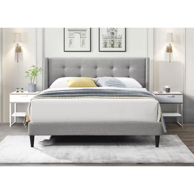 Velets Upholstered Low-Profile Platform Bed with Adjustable Headboard - Solid Wood Frame and Slat System (Dark Gray, Queen)