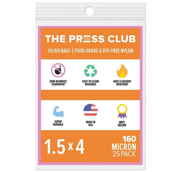 The Press Club 160 Micron Premium Nylon Tea Filter Press Screen Bags, 1.5" x 4" Inch, 25 Pack