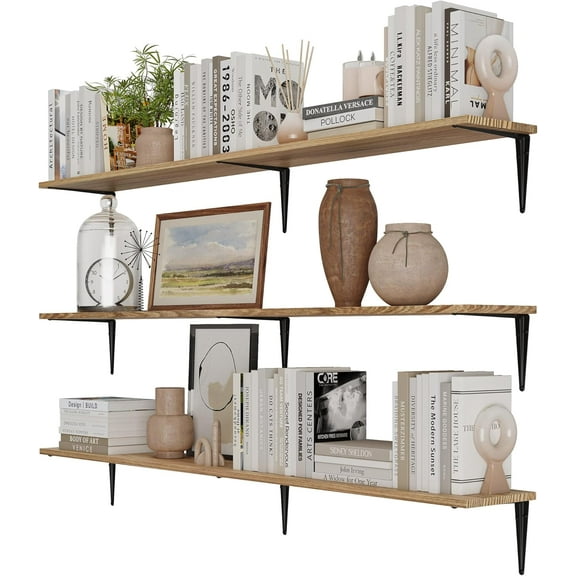 Wallniture Arras 60 inch Long, 8" Deep Rustic Floating Shelves for Wall Decor, Wall Bookshelf Living Room, Shelves for Kitchen, Pantry Floating Shelf, Set of 3, Burnt, Wood