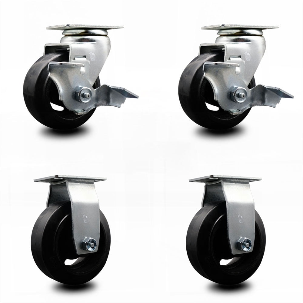 Swivel and Rigid Plate Caster Set Black 4 Inch by 2 Inch Rubber on