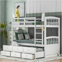 JERFIT Twin over Twin Bunk Bed with Trundle and 3 Drawers, White Pine Wood, Space Saving Storage Bed