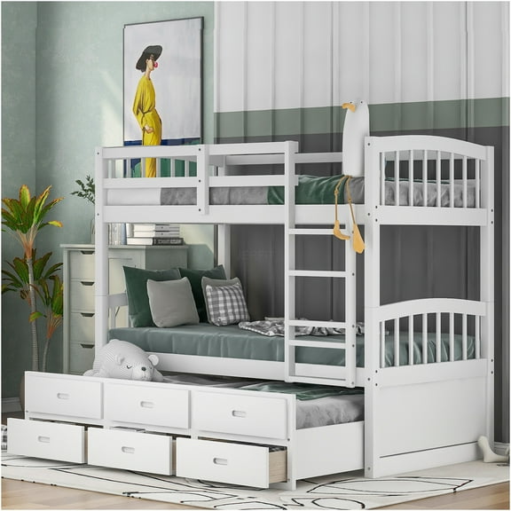 JERFIT Twin over Twin Bunk Bed with Trundle and 3 Drawers, White Pine Wood, Space Saving Storage Bed