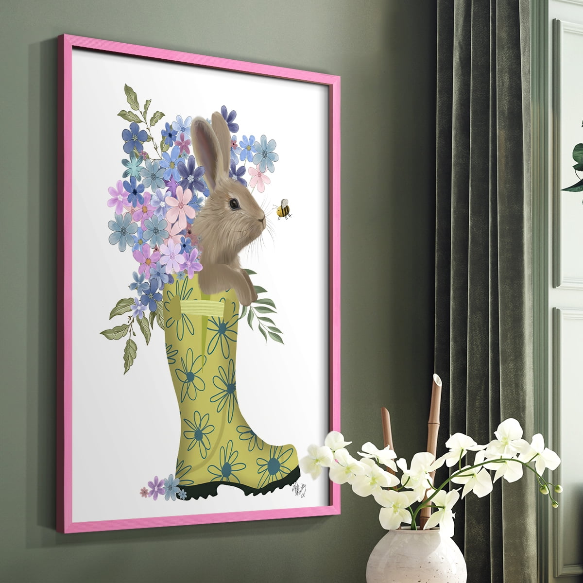 Welly Bunny And Bee Framed Print in Pink Solid Wood 8 x 10 Framed Print
