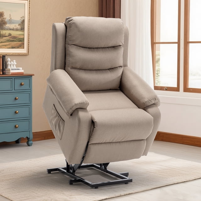 Lnsenfin Small Power Lift Recliner Chair for Elderly with Memory Function,Remote Control,Side Pockets Linen for Living Room,Khaki
