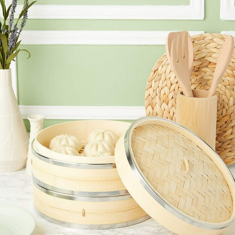 2-Tier 10 Inch Bamboo Steamer Basket with Steel Rings - Large Capacity  Dumpling, Vegetable Steamer Basket (10x6.5x10 In)