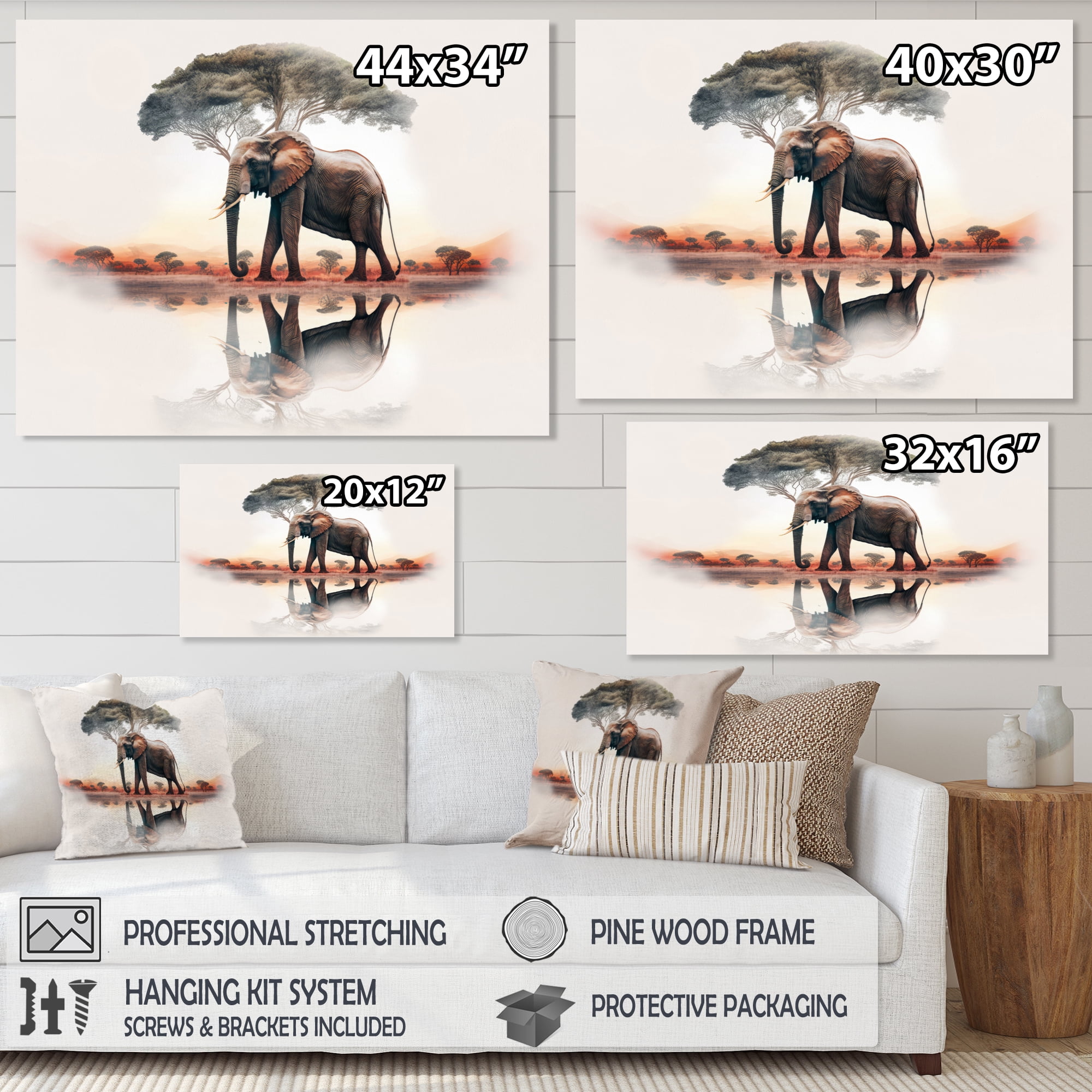 Designart Double Exposure Of A Elefant With African Landscape II Canvas Wall Art