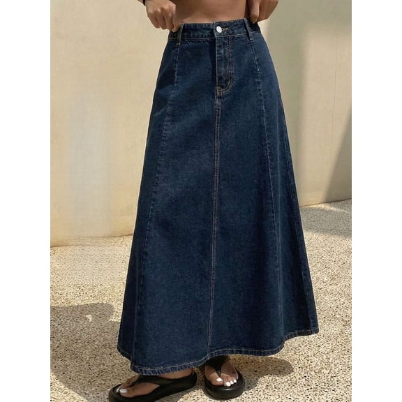 Women's High Waist A-Line Denim Skirt Button Front Midi Long Skirt with Pockets Panel Seams Elegant French Style for Office Commute & Smart Casual Occasions
