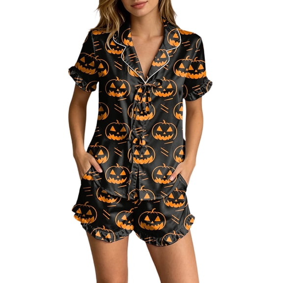 Women Outfits Short Sleeve Stylish Print Belted Ruffled Lapel Top And Shorts 2 Piece Halloween At Home Wear Women's Clothing Sets L