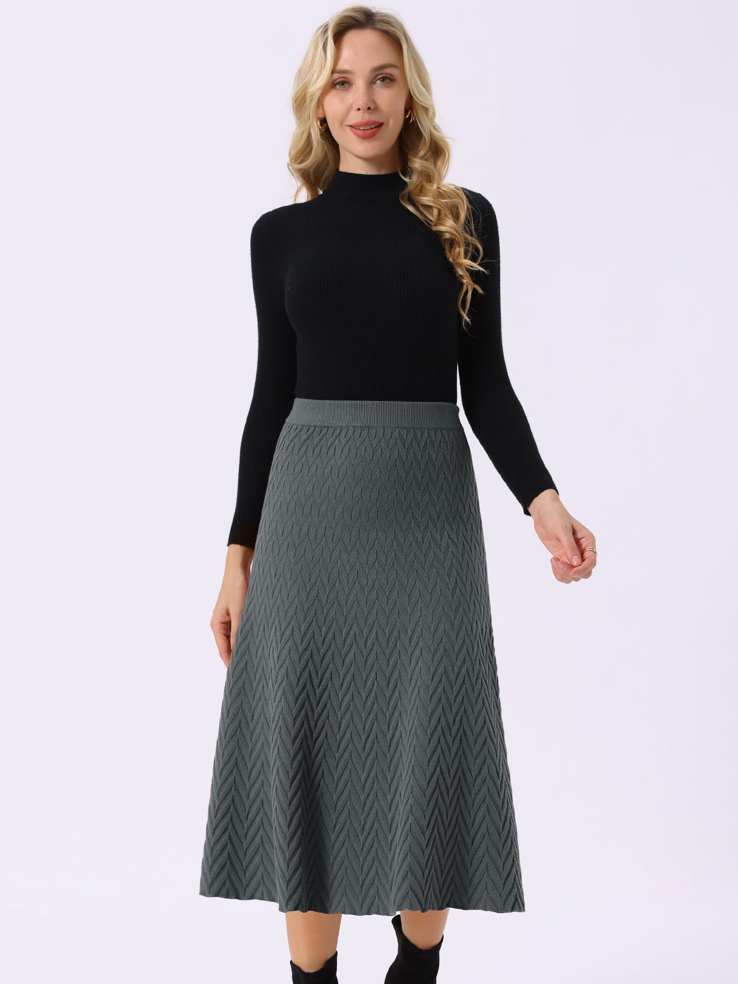 DARING DIVA Women's A-Line Skirts Stretchy Sweater Midi Skirt M Dark Gray