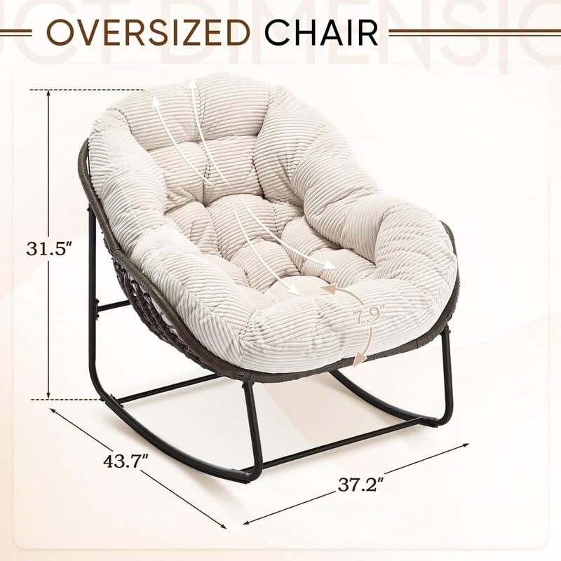Outdoor Rattan Rocking Chair, Rocking Papasan Chair with Thick Cushion, Comfy Wicker Egg Chairs Lounge Recliner Chair, Padded Cushion Rocker