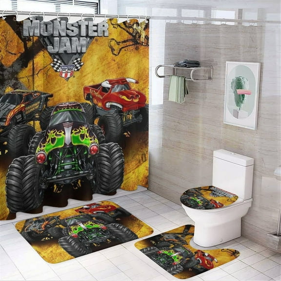 Monster Trucks Jam 4 Pcs Shower Curtain Sets Non-Slip Rugs Bath Mat Toilet Cover U Shaped Mat for Bathroom Decor Mats