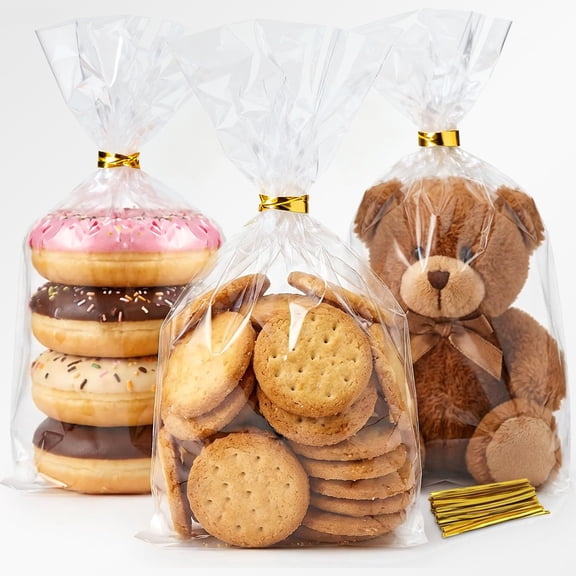 Cellophane Treat Bags with Twist Ties, Clear Cello Bags, Food-Grade Plastic Gift Bags for Cookies, Candy, Party Favors.