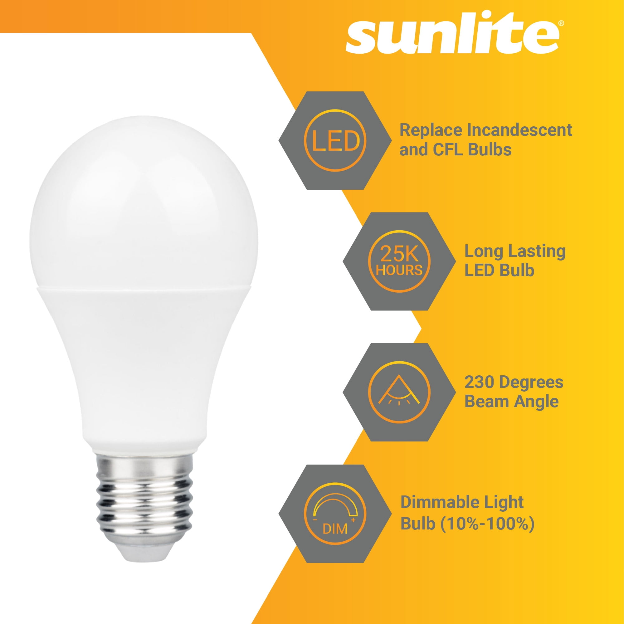 Sunlite LED A19 Light Bulb, 11 Watts (75W Equivalent), 1100 Lmns, 120V, Dimmable, Medium E26 Base, 90 CRI, 230 Degree Beam Angle, UL Listed, Title-20 Compliant, 4000K Cool White, 6 Pack