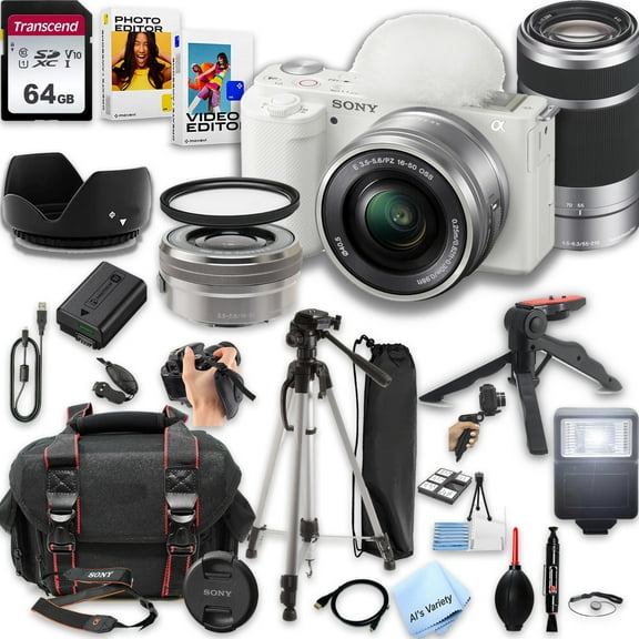 Sony ZV-E10 (White) Mirrorless Camera with16-50mm & 55-210mm Zoom Lenses   64GB SD Card and More