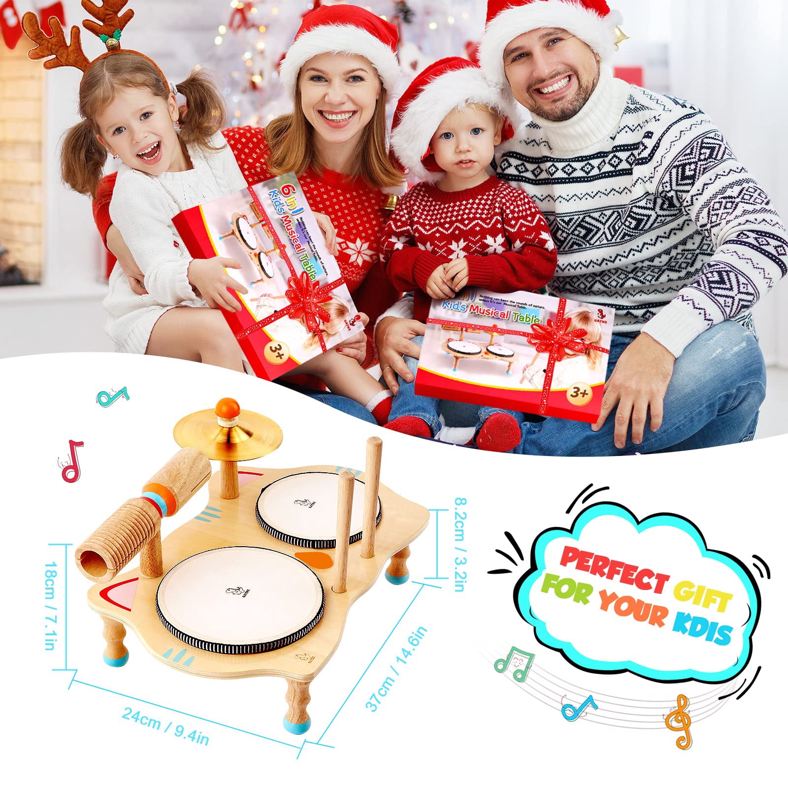 OATHX Toddler Educational Music Toys Kids Drum Set Wood Montessori Learn Baby Musical Instruments Birthday Gift