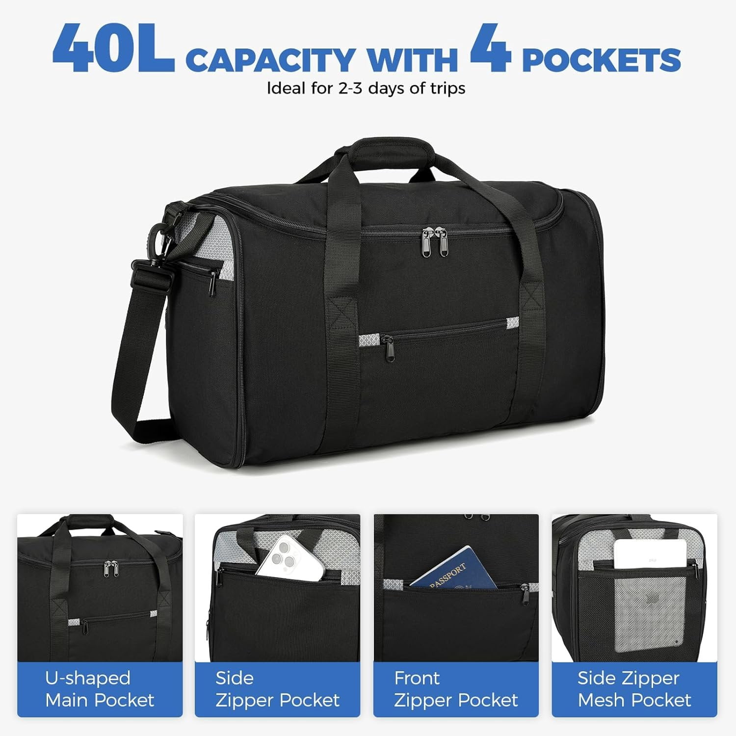 18 inch Small Gym Bag for Men - Foldable Duffel Bags for Airplanes Carry  Duffle Bag for Travel, Black