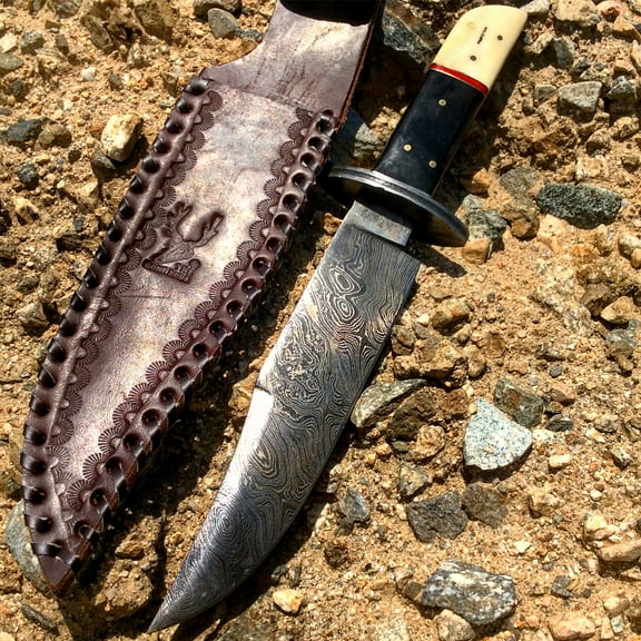 TheBoneEdge 12.5" Damascus Steel Horn Handle Hunting Knife Hand Made
