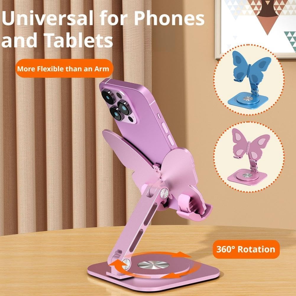Butterfly Aluminum Alloy Cell Phone Stand, 360° Rotating Adjustable Desktop Cradle, Foldable Tablet Holder for Office Desk, Home and Travel (k)