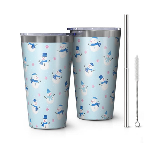 16oz Tumblers Light Blue Christmas Snowman Pattern Stainless Steel Vacuum Insulated Double Wall Travel Tumbler Cups Mug with Lid and Straw,Cleaning Brush for Coffee,Tea