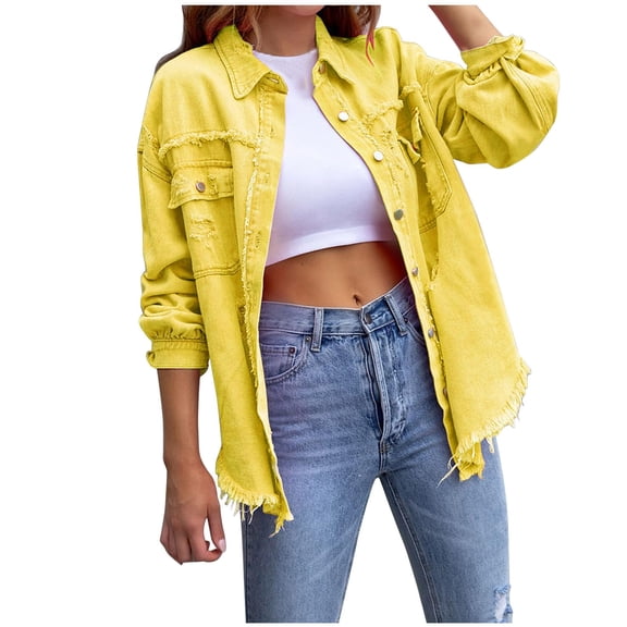 Women's Oversized Denim Jacket Casual Long Boyfriend Distresse Jean Jacket Autumn Spring Shackets with Pockets