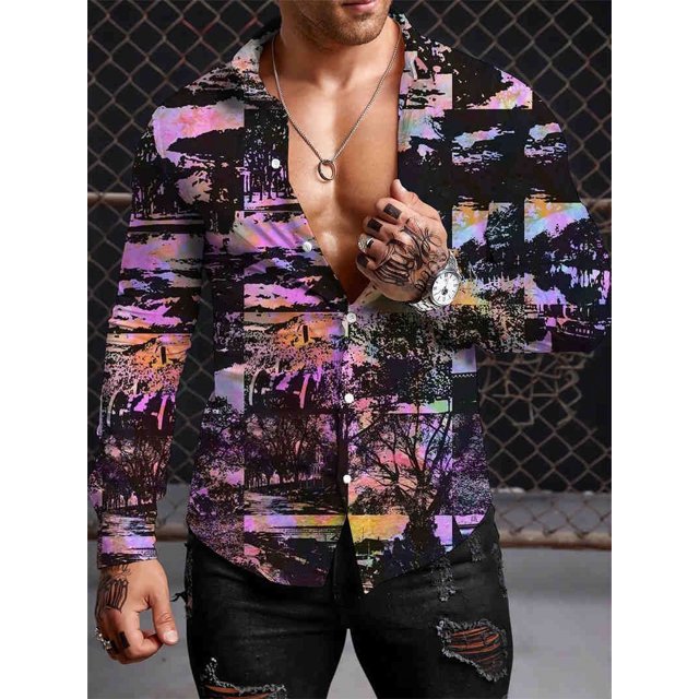 Camisa bohemia Y2K para hombre camisas con estampado 3D a la moda camisa informal de manga larga de gran tamaño ropa ajustada tops
