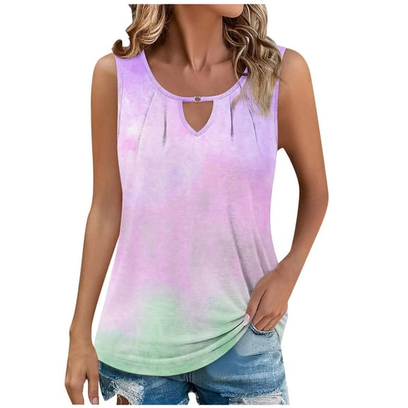 AherBiu Tank Tops for Women Ruched Keyhole Crewneck Gradient Color Summer Sleeveless Tees Basic Shirts Camisole