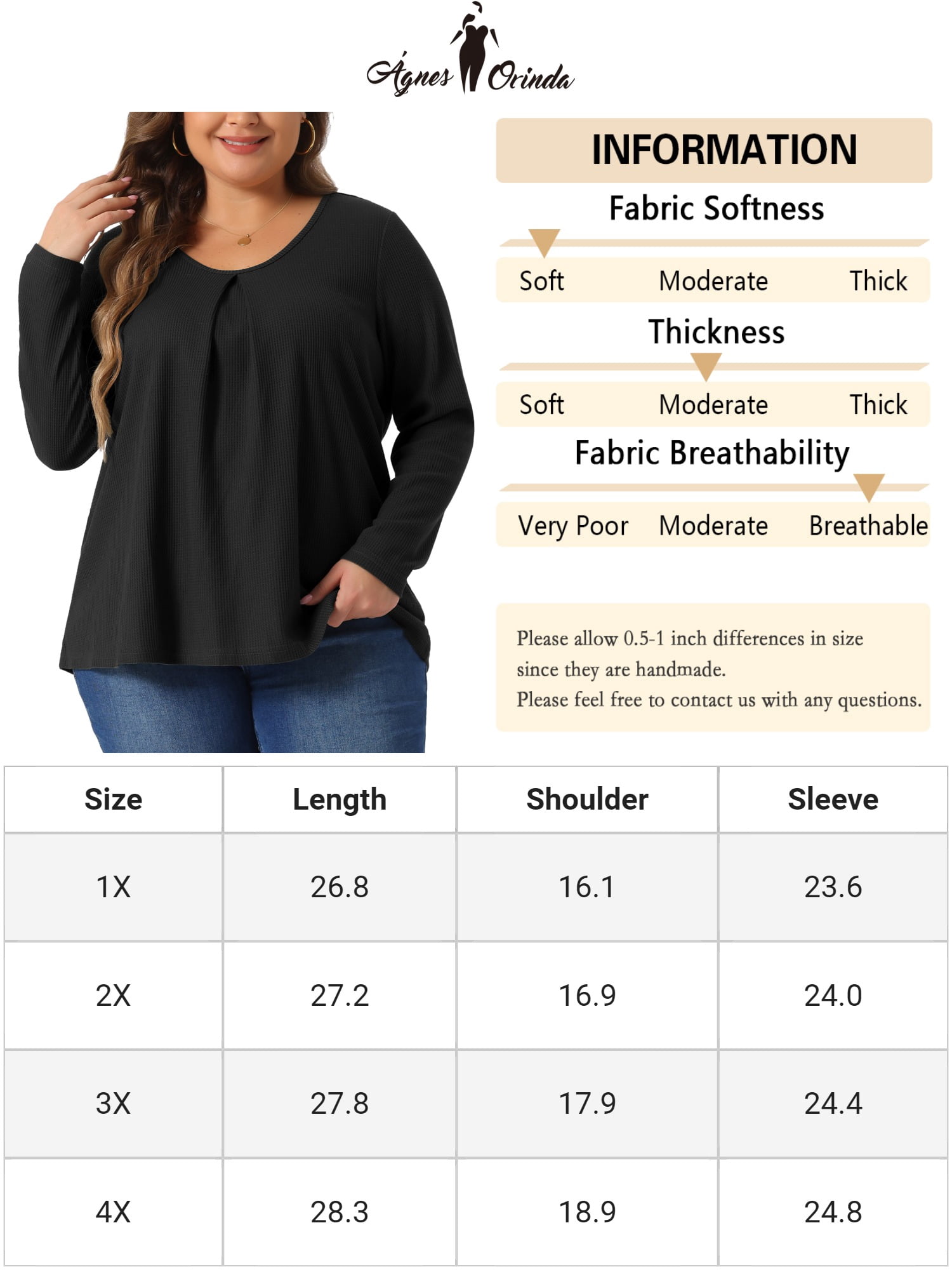 DARING DIVA Women's Plus Crew Neck Pleat Front Long Sleeve Top 3X Black