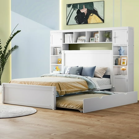 Aukfa Full Size Bed Frame with All-in-One Cabinet and Shelves Wooden Functional Bed with Trundle and Storage Drawers USB Ports Outlets White