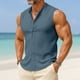 thumbnail image 2 of Top de Hombro Frío Camisa de Lino de los Hombres sin Mangas Cuello Redondo Color Sólido Botón Básico Delantero Top de Vacaciones Casual, 2 of 6