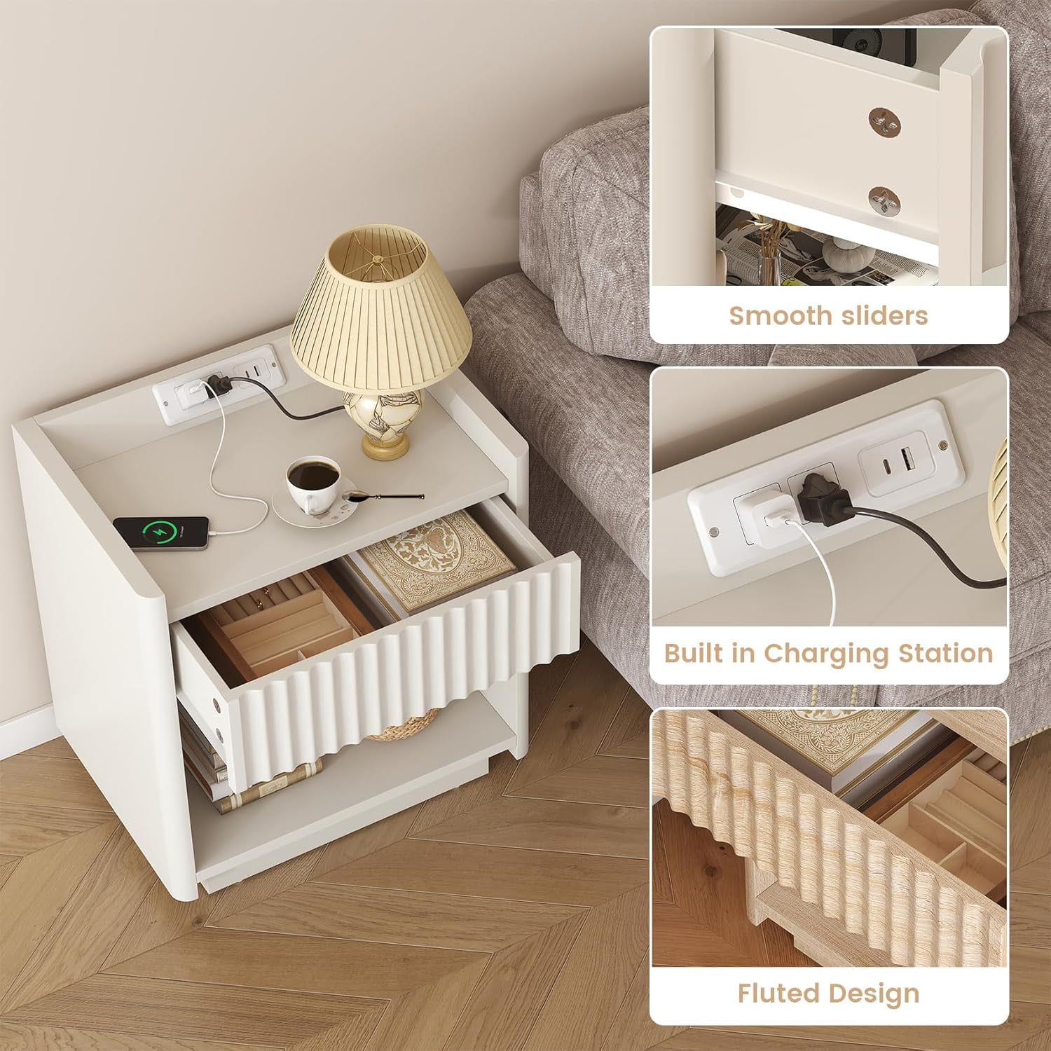 Winkalon Fluted Nightstands for Bedroom, Farmhouse Bedside Tables with Drawer & Open Shelf, Wood End Table for Living Room,White