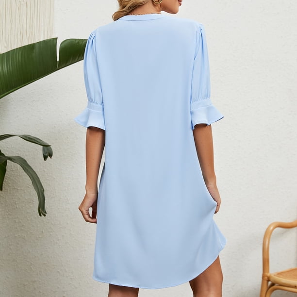 Vestido Novedad de verano 2023, vestido suelto de media manga con escote en V de Color liso para mujer Cgtredaw para Mujer Azul T L