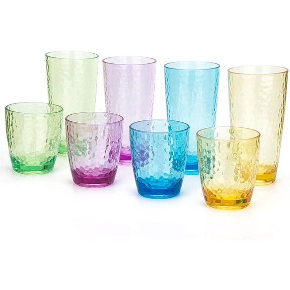 Hammered 15-ounce and 26-ounce Plastic Tumbler Acrylic Glasses, set of 8 Multicolor