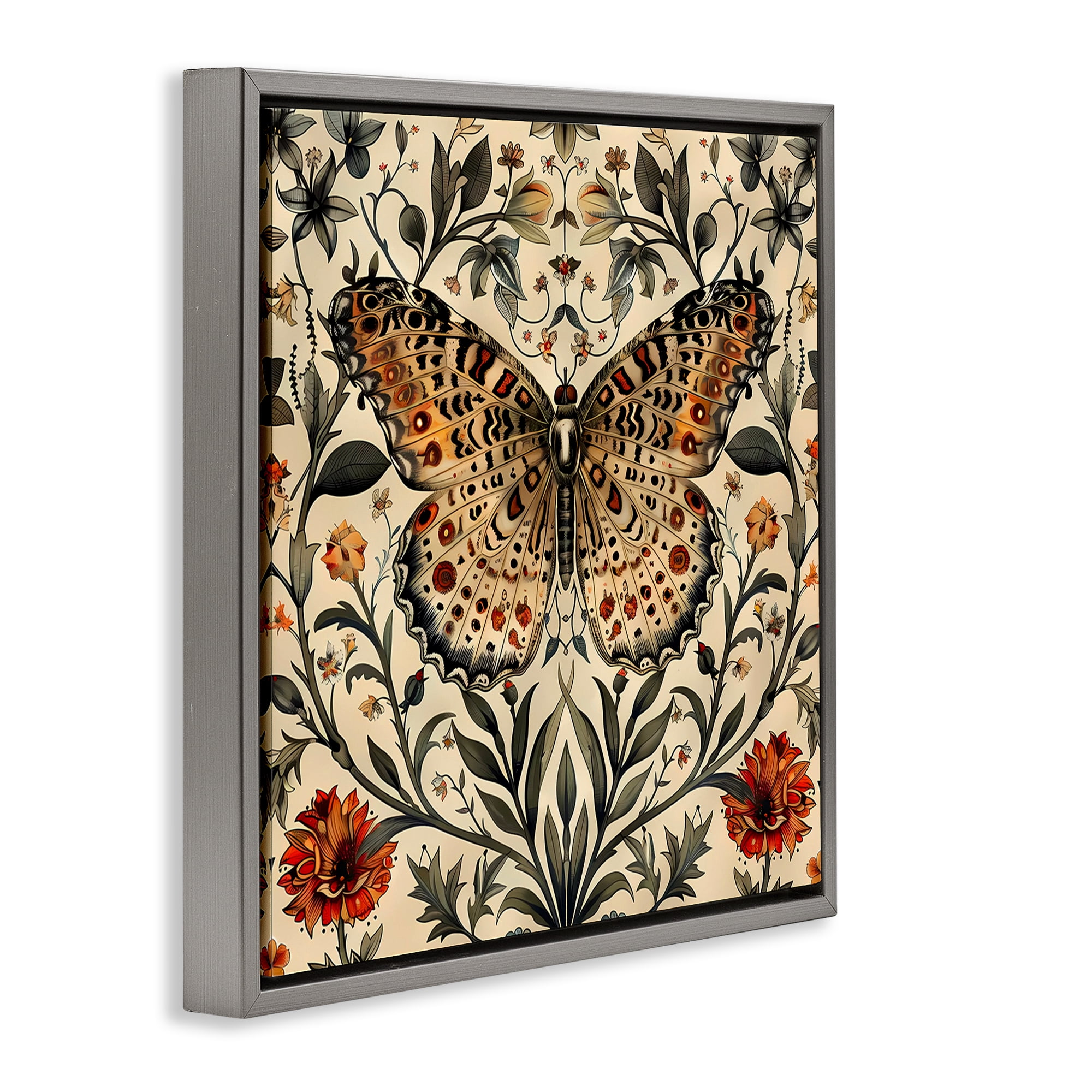 Stupell Industries Baroque Butterfly & Botanicals Animals Painting Gray Floater Framed Canvas Art Print Wall Art, 25 x 25